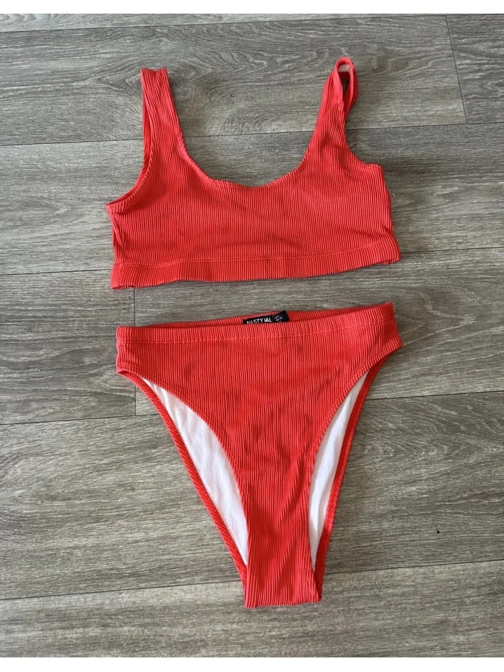 Nasty Gal Ribbed Red High Waist Bikini Set XS High Cut Scoop Neck